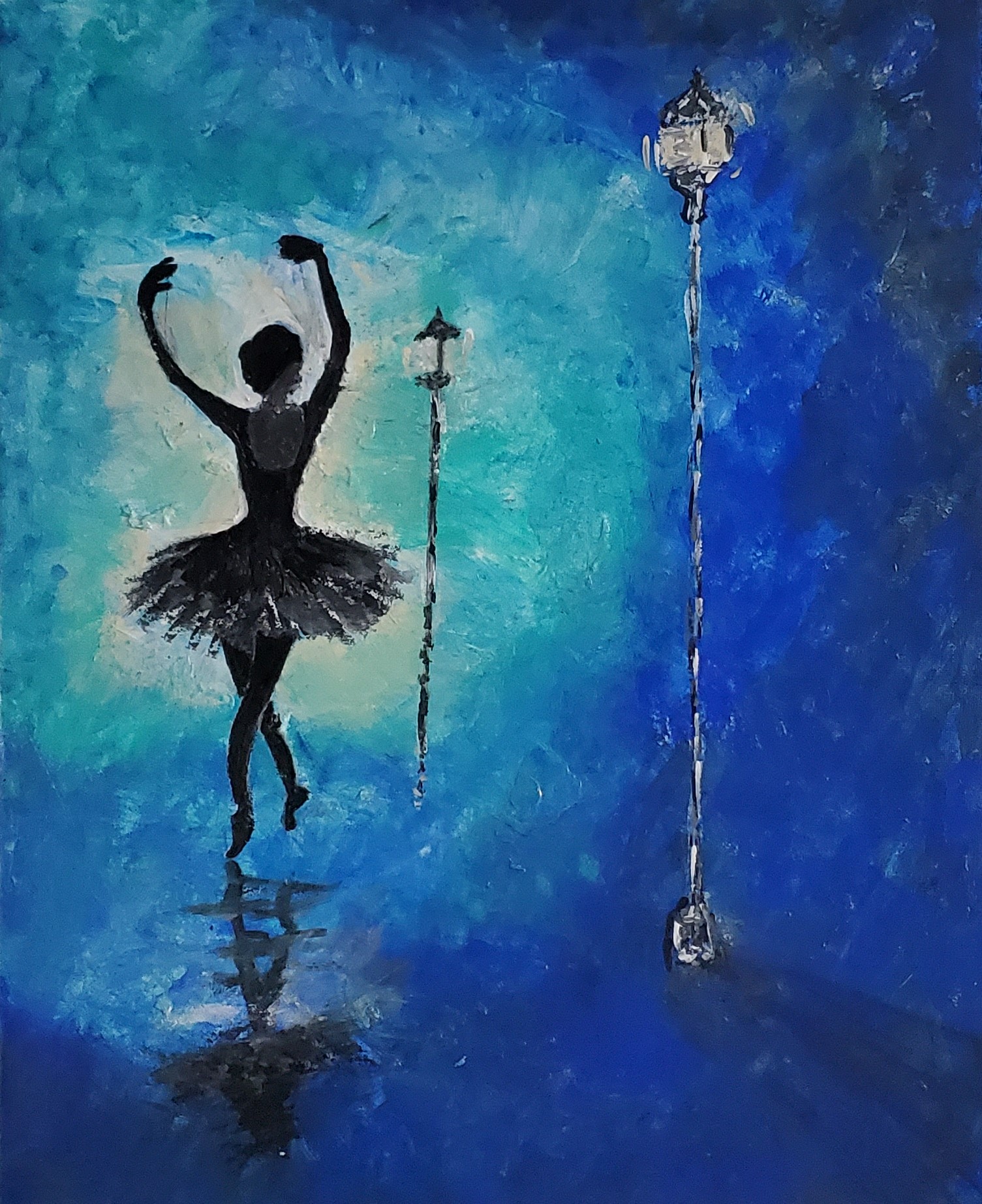 Blue acrylic painting of a ballerina silhouette suspended underwater.